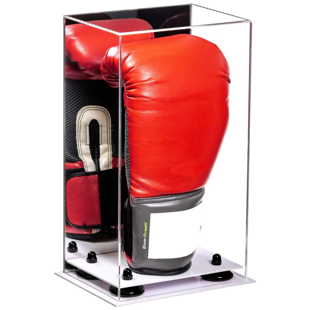 Better Display Cases Acrylic Vertical Boxing Glove Display Case with Mirror Case, Black Risers and White Base - 8" x 6" x 14" (A092/V18)
