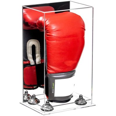 Better Display Cases Acrylic Vertical Boxing Glove Display Case with Mirror Case, Silver Risers and Clear Base - 8" x 6" x 14" (A092/V18)