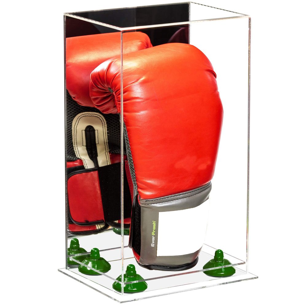 Better Display Cases Acrylic Vertical Boxing Glove Display Case with Mirror Case, Green Risers and Clear Base - 8" x 6" x 14" (A092/V18)