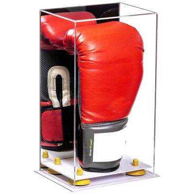 Better Display Cases Acrylic Vertical Boxing Glove Display Case with Mirror Case, Yellow Risers and White Base - 8" x 6" x 14" (A092/V18)