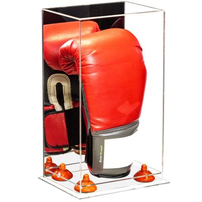 Better Display Cases Acrylic Vertical Boxing Glove Display Case with Mirror Case, Orange Risers and Clear Base - 8" x 6" x 14" (A092/V18)