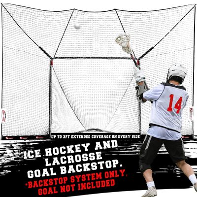 Shag Stop, Lacrosse Goal Backstop Net for Backyard - Durable Lacrosse Backstop Net System with ~3-Foot Extended Coverage - Ice Hockey Backstop Netting - Lax Training Equipment with Mounting Brackets
