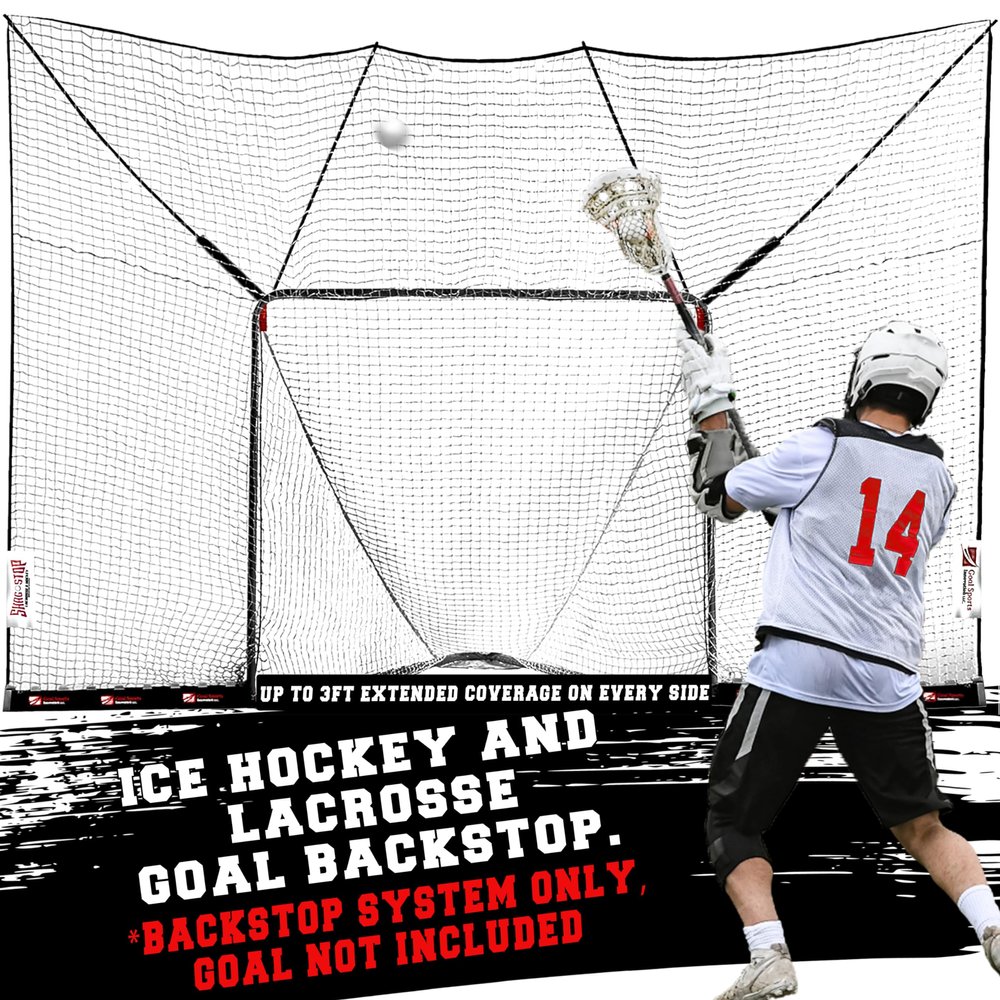 Shag Stop, Lacrosse Goal Backstop Net for Backyard - Durable Lacrosse Backstop Net System with ~3-Foot Extended Coverage - Ice Hockey Backstop Netting - Lax Training Equipment with Mounting Brackets