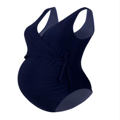 Alvivi Womens Maternity Bikini Swimsuits One Piece V Neck Pregnancy Swimwear Monokini Tie Front Bowknot Bathing Suit Navy Blue S