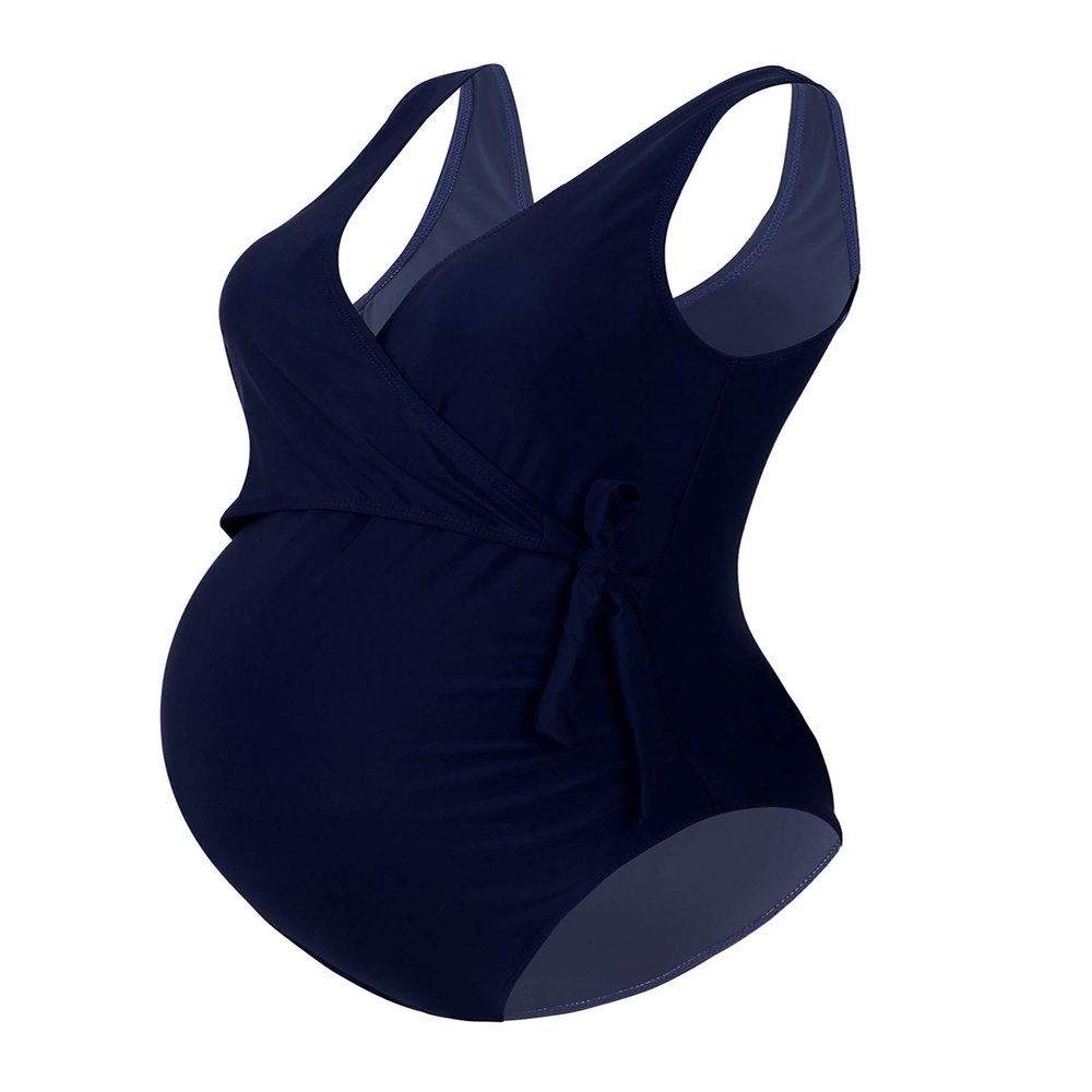 Alvivi Womens Maternity Bikini Swimsuits One Piece V Neck Pregnancy Swimwear Monokini Tie Front Bowknot Bathing Suit Navy Blue S