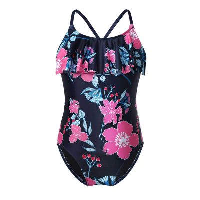 renvena Kids Girls Floral Printed Ruffles Swimsuit Athletic Romper Jumspuit Beach Bathing Suit for Toddler Navy-Blue 6