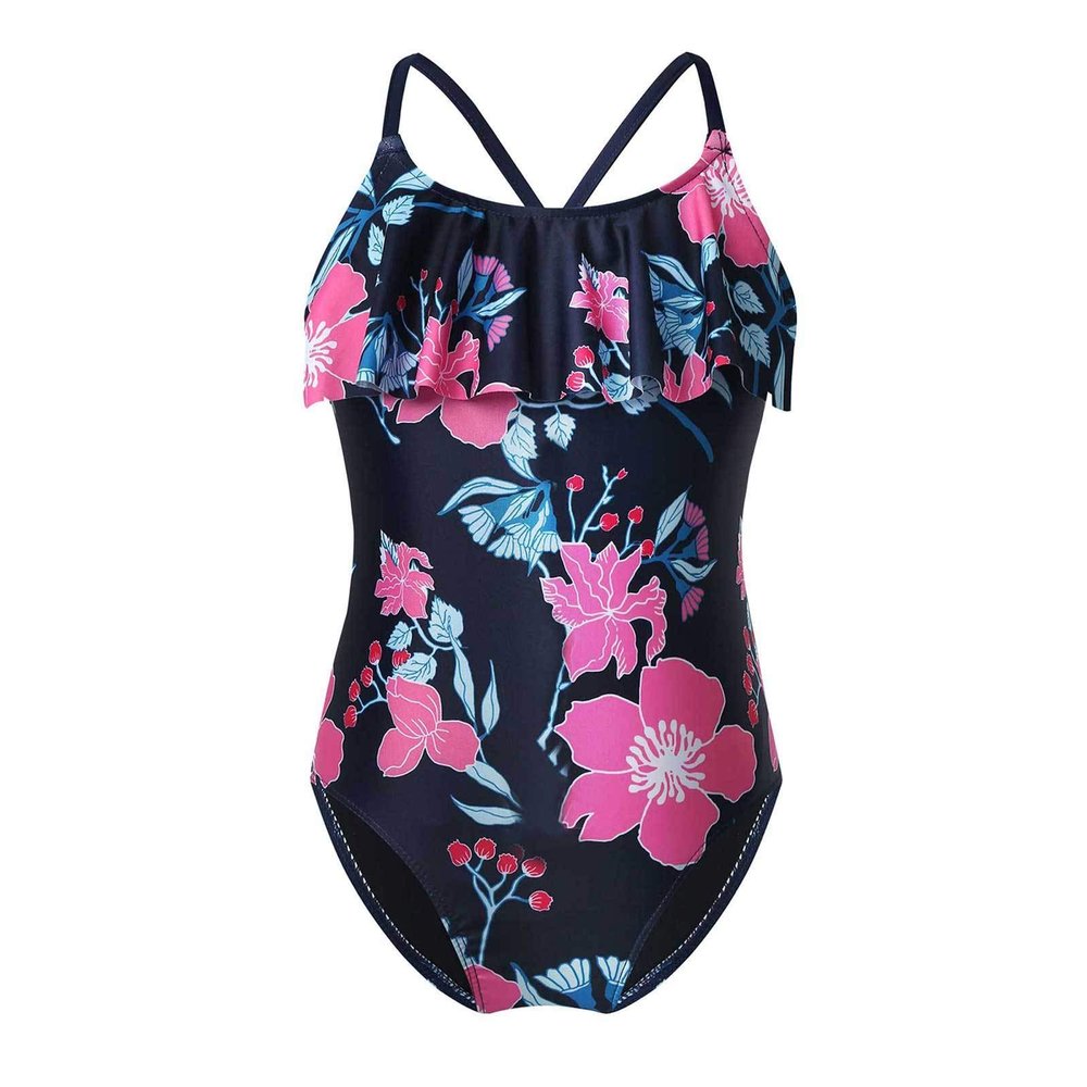 renvena Kids Girls Floral Printed Ruffles Swimsuit Athletic Romper Jumspuit Beach Bathing Suit for Toddler Navy-Blue 6