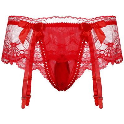 iiniim Men's Sissy Pouch Panties Lace Skirted Mooning Lingerie Nightwear Transgender Bikini Briefs Red One Size