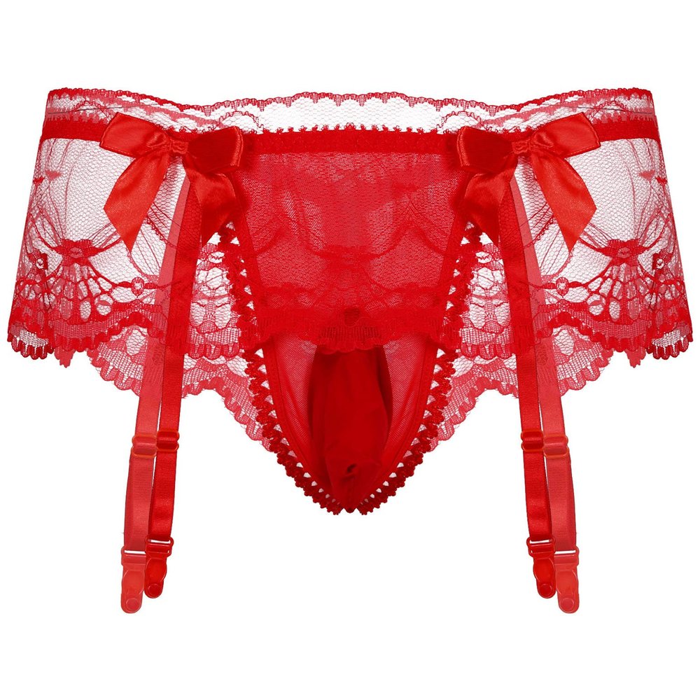iiniim Men's Sissy Pouch Panties Lace Skirted Mooning Lingerie Nightwear Transgender Bikini Briefs Red One Size