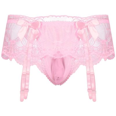 iiniim Men's Sissy Pouch Panties Lace Skirted Mooning Lingerie Nightwear Transgender Bikini Briefs Pink One Size