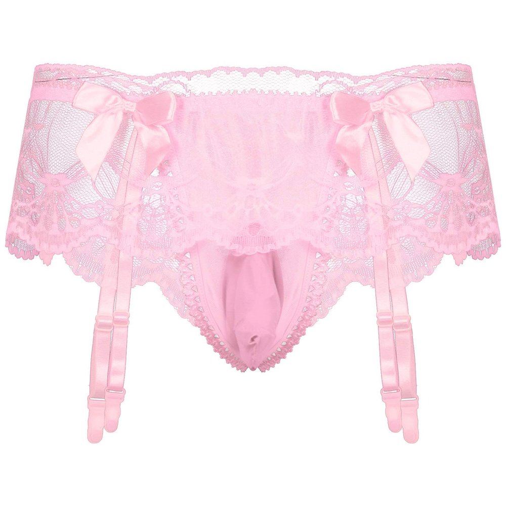 iiniim Men's Sissy Pouch Panties Lace Skirted Mooning Lingerie Nightwear Transgender Bikini Briefs Pink One Size