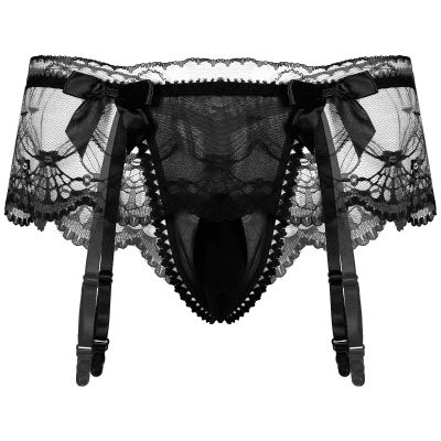 iiniim Men's Sissy Pouch Panties Lace Skirted Mooning Lingerie Nightwear Transgender Bikini Briefs Black One Size