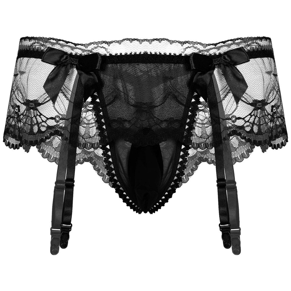 iiniim Men's Sissy Pouch Panties Lace Skirted Mooning Lingerie Nightwear Transgender Bikini Briefs Black One Size