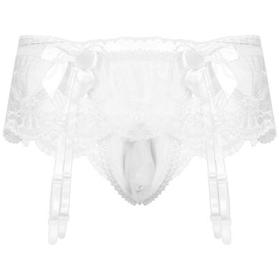 iiniim Men's Sissy Pouch Panties Lace Skirted Mooning Lingerie Nightwear Transgender Bikini Briefs White One Size