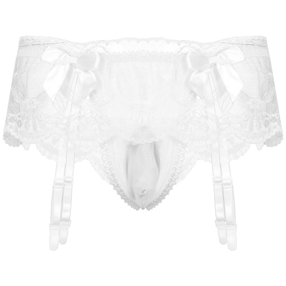 iiniim Men's Sissy Pouch Panties Lace Skirted Mooning Lingerie Nightwear Transgender Bikini Briefs White One Size