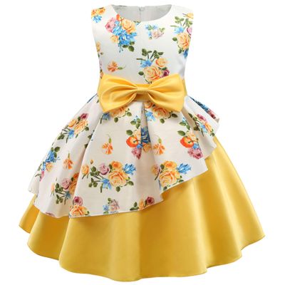 CMMCHAAH Kids Floral Print Frock Wedding Pageant Party Dresses Girls Sleeveless Holiday Dress(Yellow,140)