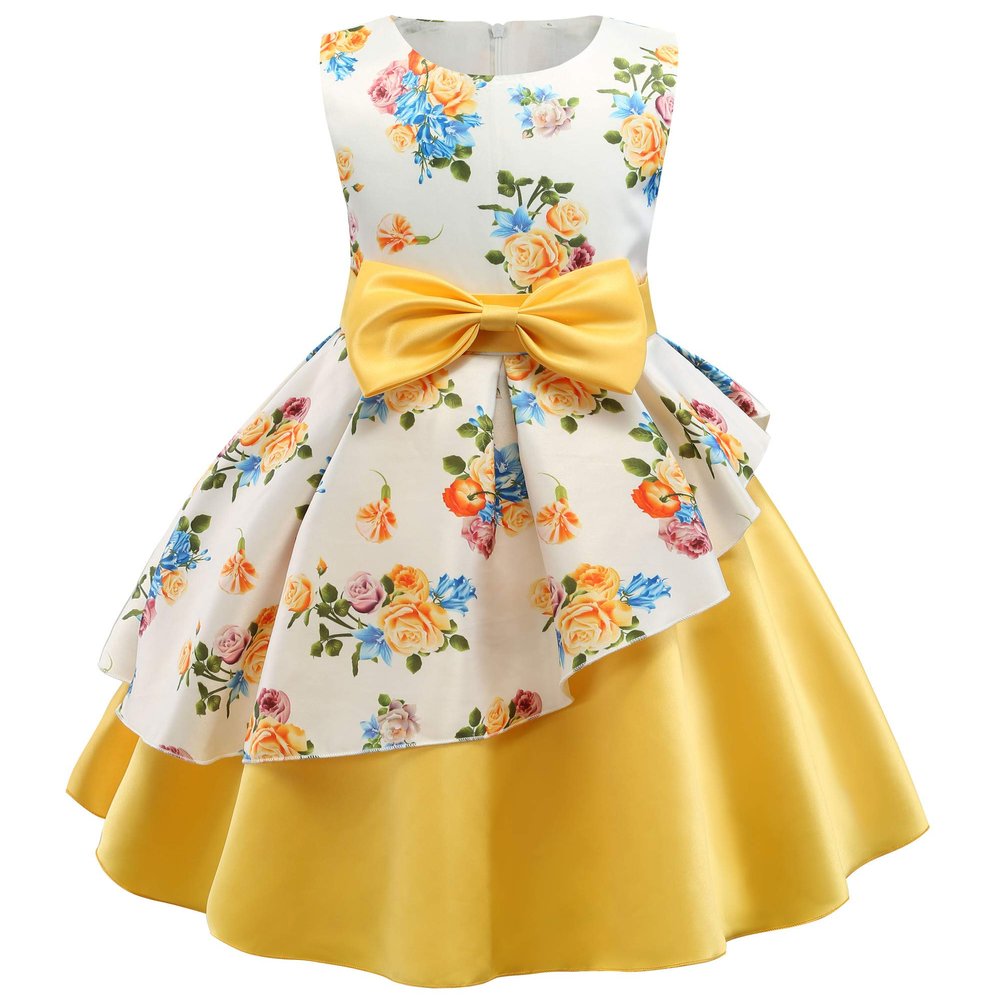 CMMCHAAH Kids Floral Print Frock Wedding Pageant Party Dresses Girls Sleeveless Holiday Dress(Yellow,140)