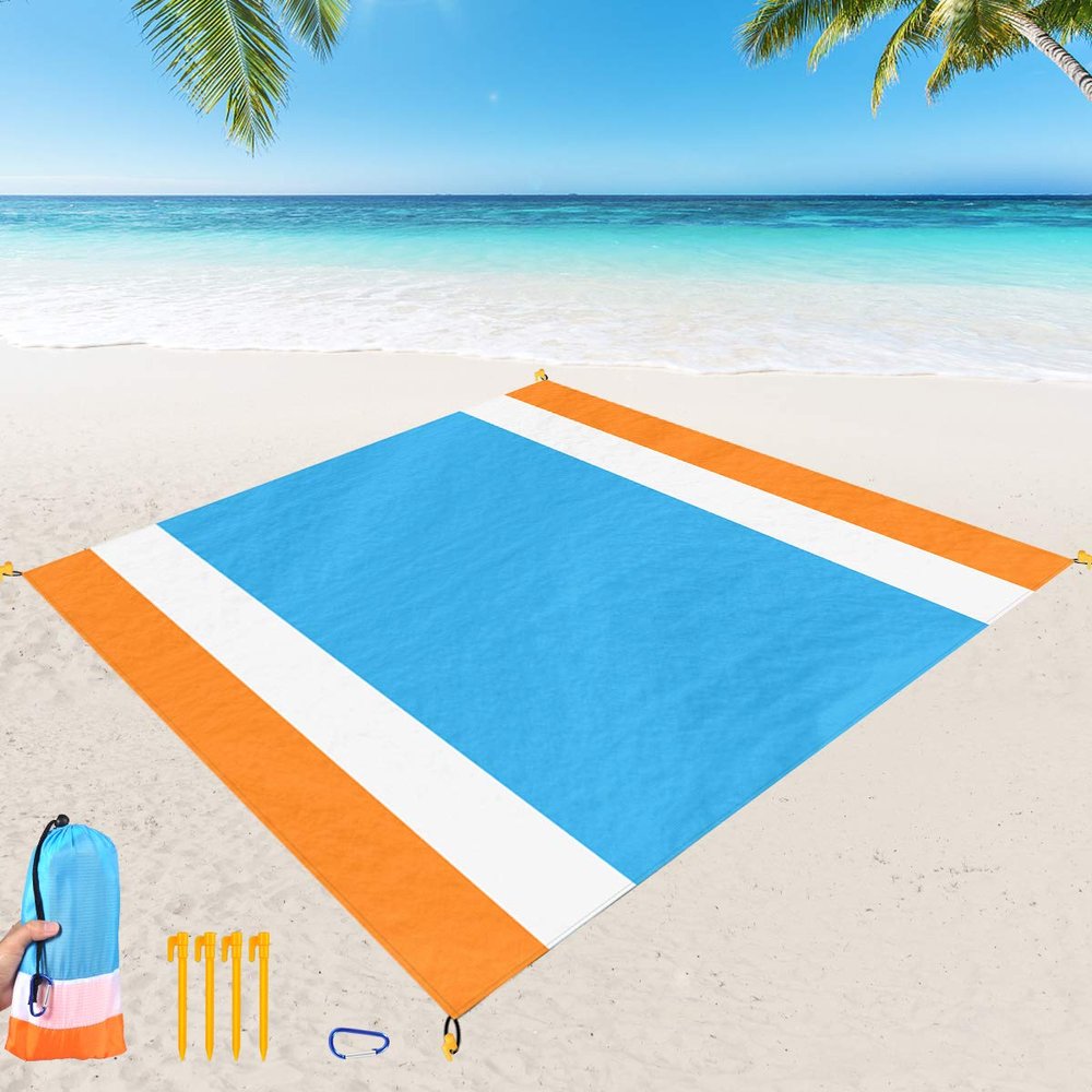 Beach Blanket Sand Proof, Extra Large Beach Mat Outdoor Picnic Blanket 84" x 79" for 5-7 Adults, Waterproof Foldable Picnic Mat with Portable Bag and 4 Stakes for Beach Travel Camping Hiking Fishing