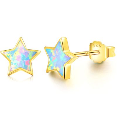 14K Gold Plated Star Earrings for Girls, Hypoallergenic S925 Sterling Silver Post Stud Earrings For Women ARSKRO Little Small Tiny Cute Fire Opal Earring Jewelry Gifts for Sensitive Ears Teen Kids