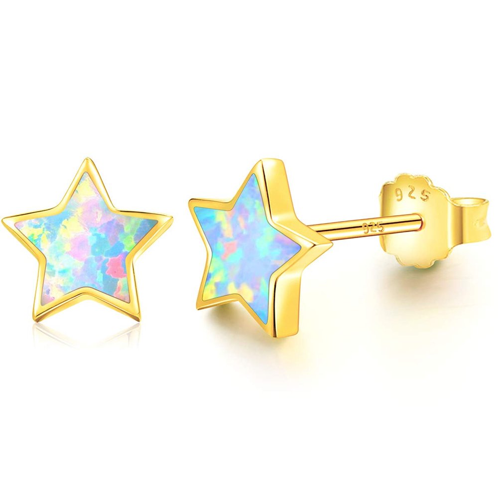 14K Gold Plated Star Earrings for Girls, Hypoallergenic S925 Sterling Silver Post Stud Earrings For Women ARSKRO Little Small Tiny Cute Fire Opal Earring Jewelry Gifts for Sensitive Ears Teen Kids