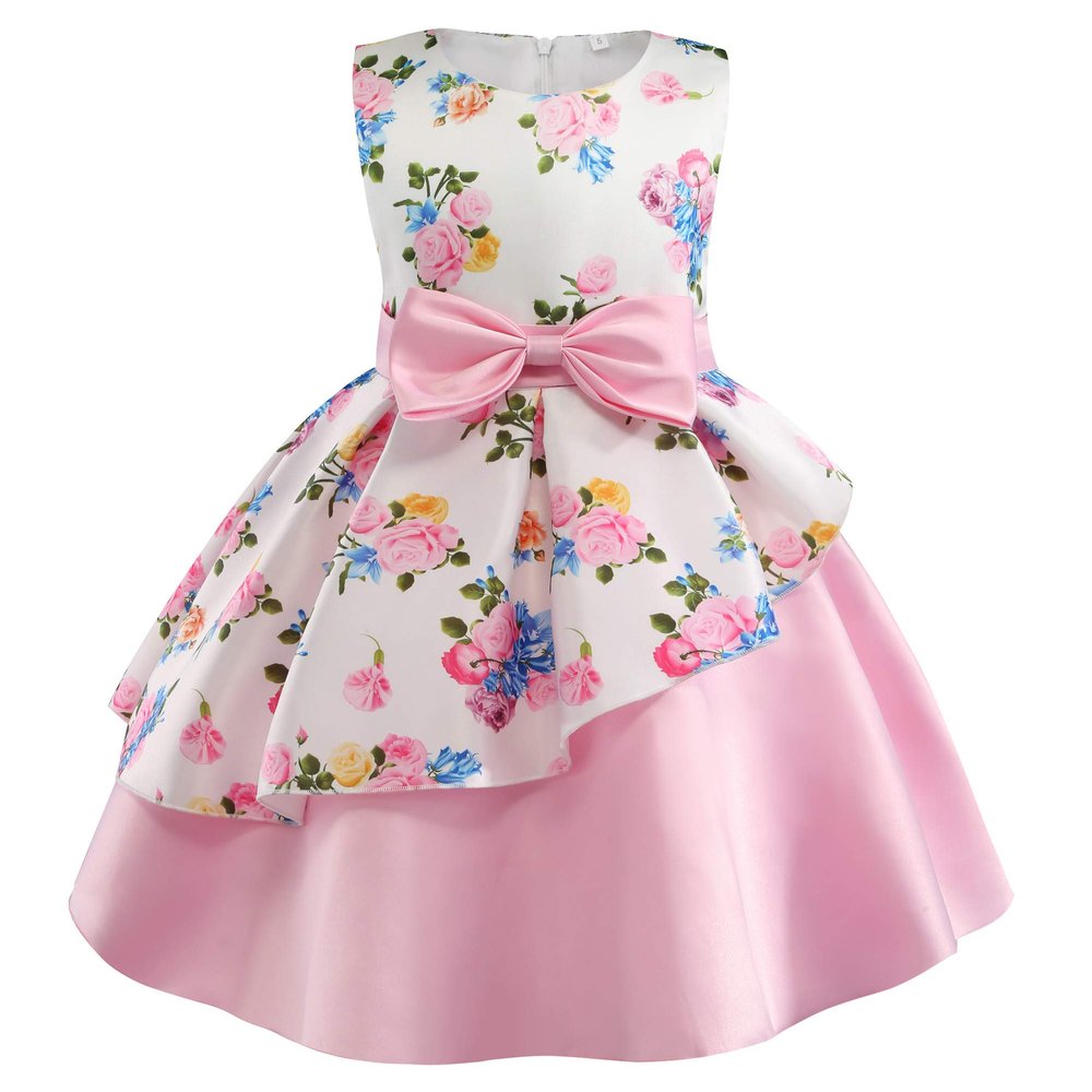CMMCHAAH Girls Knee Dresses Kids Christmas Easter Floral Print Frocks Graduation Dress Sleeveless(Pink,110)