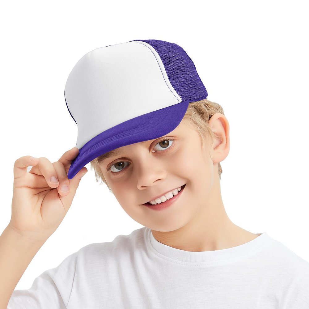 TopTie Kids 5 Panel Trucker Cap Mesh Snapback Hat Foam Front for Boys Girls Aged 3-7 Years Old-Purple/White