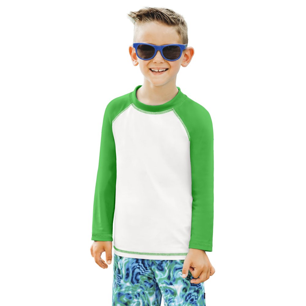 City Threads Boys Rashguard Swim Shirt UPF 50+ Soft Comfortable Durable Sun Protection Made in USA, White with Elf Green, 12-18 Months
