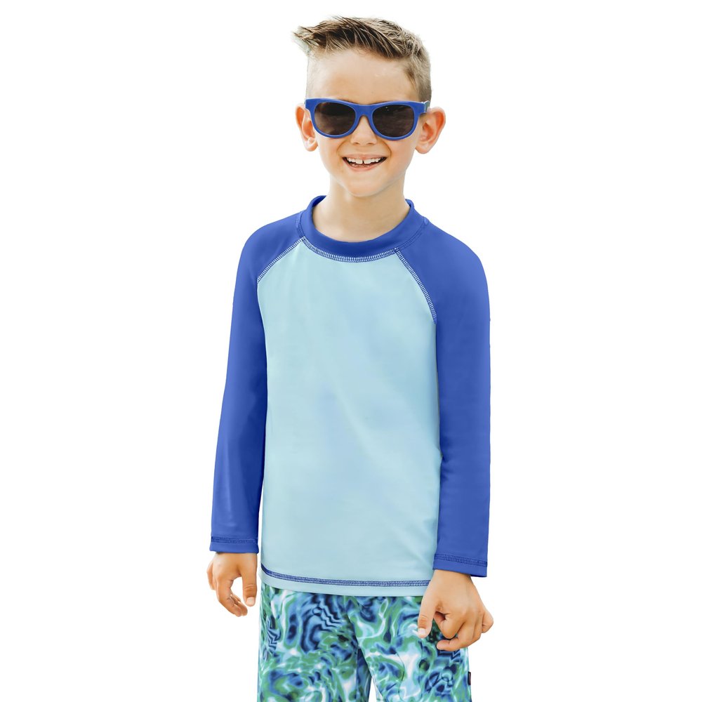 City Threads Boys Rashguard Swim Shirt UPF 50+ Soft Comfortable Durable Sun Protection Made in USA, Bright Light Blue with Royal Blue, 6Y