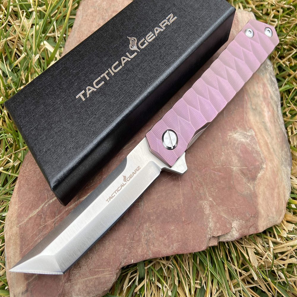 Titanium Pocket Folding Knife, Solid Tc4 Titanium Handle, CPM-D2 Steel Tanto Blade, Includes Sheath (Saint Twilight)