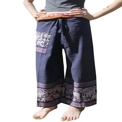 RaanPahMuang Striped Cotton Thai Fisherman Wrap Pants Thai Stamped Art Print, Medium-Large, Blue