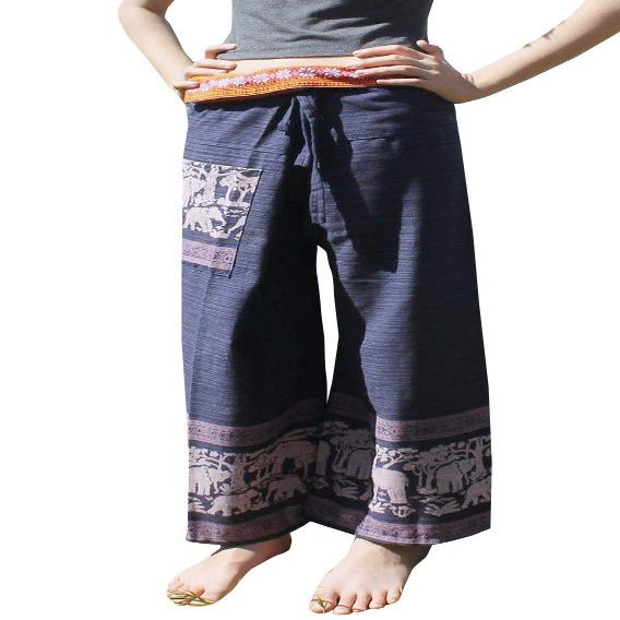 RaanPahMuang Striped Cotton Thai Fisherman Wrap Pants Thai Stamped Art Print, Medium-Large, Blue