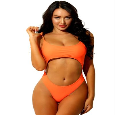 Hansber Women Tankini Swim Suit 1Pcs Pure Color Lace-up Straps Back Bra Thong Briefs Beachwear Orange Small