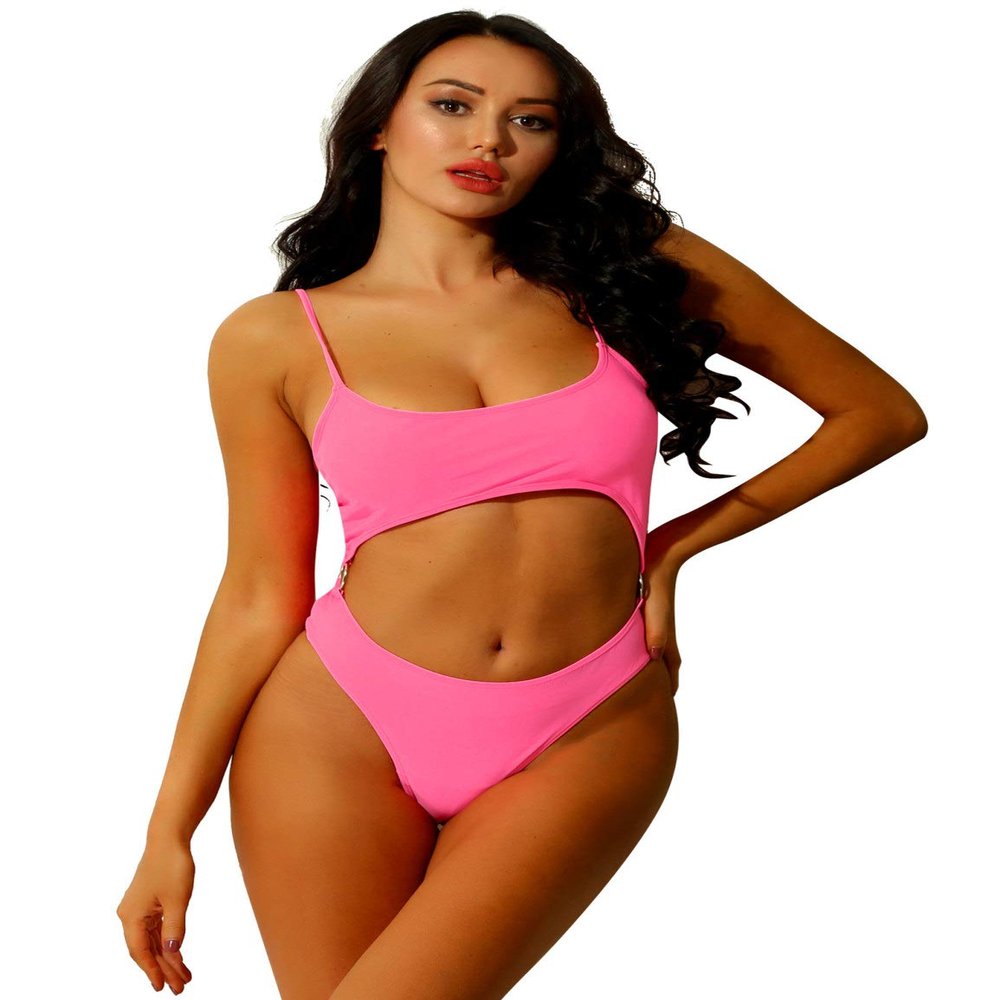 Yartina Women Pure Color Bikini Beach Swimwear One Piece Spaghetti Strap Bra High Cut Briefs Set Pink Large