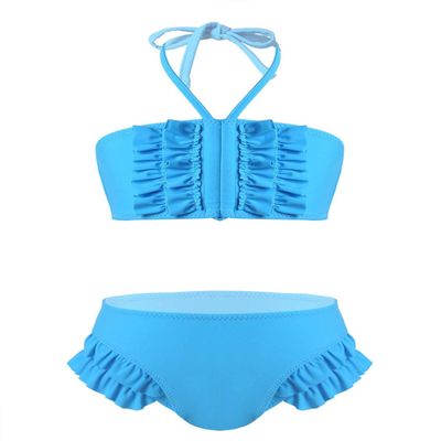 renvena Girls Kids 2Pcs Pure Color Swimsuit Halter Neck Drawstring Front Ruffle Bra with Briefs Bikini Set Blue 8