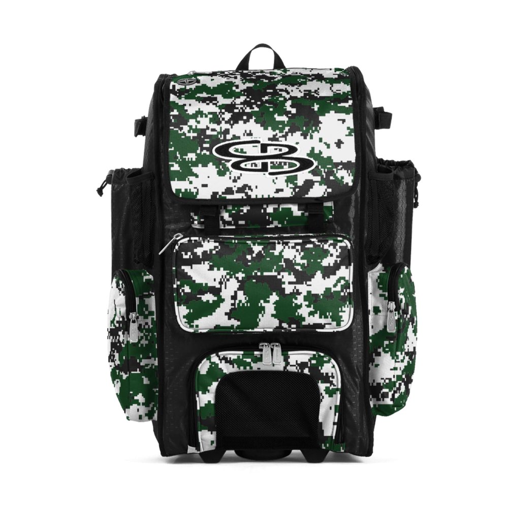 Boombah Rolling Superpack Baseball/Softball Gear Bag - 23-1/2" x 13-1/2" x 9-1/2" - Digital Camo Black/Dark Green - Telescopic Handle - Holds 4 Bats - Wheeled Version