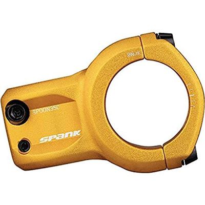 Spank Spoon 350 Stem,Gold (Diameter 35mm, Length: 35/43mm, Rise: 0), Chamfered bar clamp, Ultra-short stack height, Bicycle Stem, Ideal for ASTM 5, All mountain, enduro, trail, free ride, DJ, E-Bike