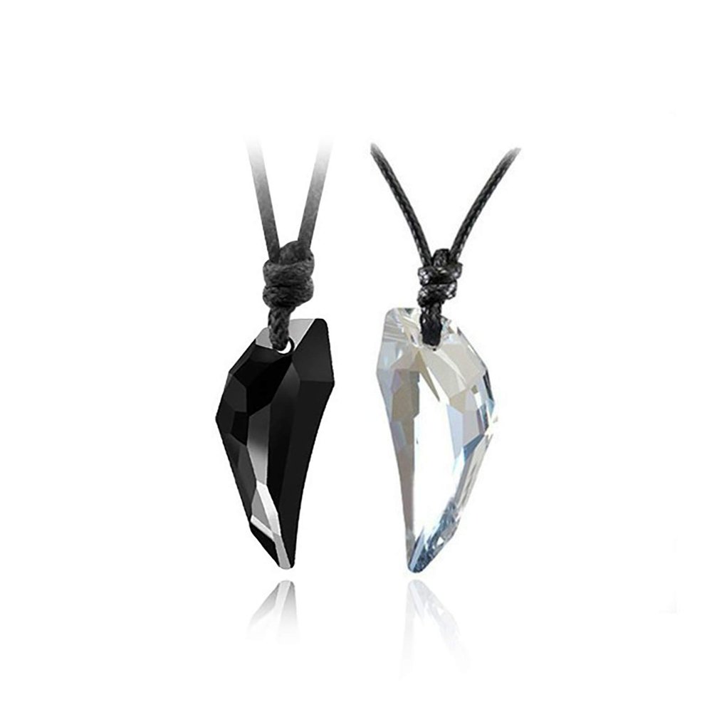 2pcs Matching Two Half Heart Love Puzzle Couples Pendant Necklaces Set Wolf Wooth Stone Crystal Adjustable Healing Gemstone for Mens Women Valentines Gifts-White