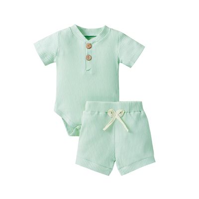 Newborn Baby Boy Girl Summer Clothes Ribbed Sleeveless Bodysuits Rompers Tops+Shorts Pants 2PCS Outfits Set Toddler Clothes (Bean Green Summer Clothes, 0-3 Months)