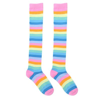 Aislor Women's Rainbow Striped Socks Knitted Stretch Knee High Stockings Long Arm Warmer Fingerless Mitten Gloves Set Pink Socks&Gloves