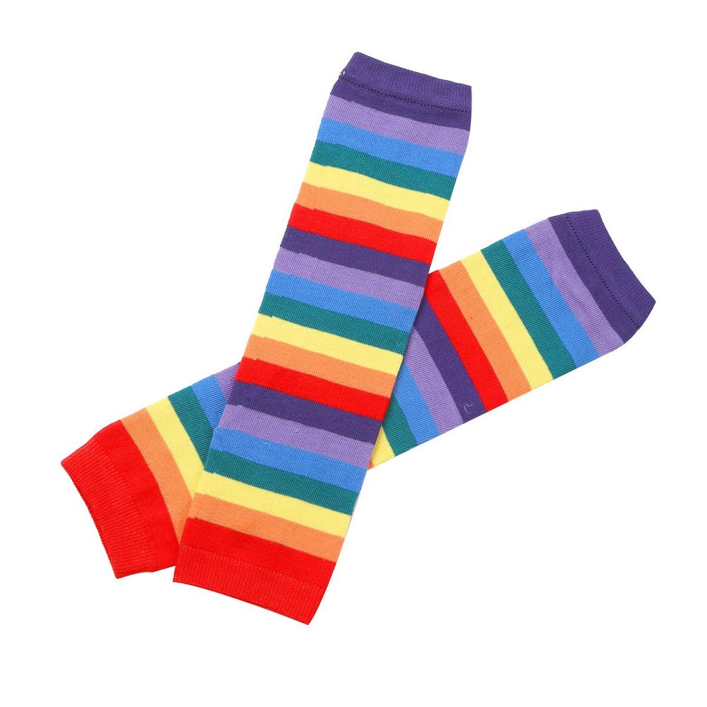 Aislor Women's Rainbow Striped Socks Knitted Stretch Knee High Stockings Long Arm Warmer Fingerless Mitten Gloves Set Rainbow Color 2 Pair