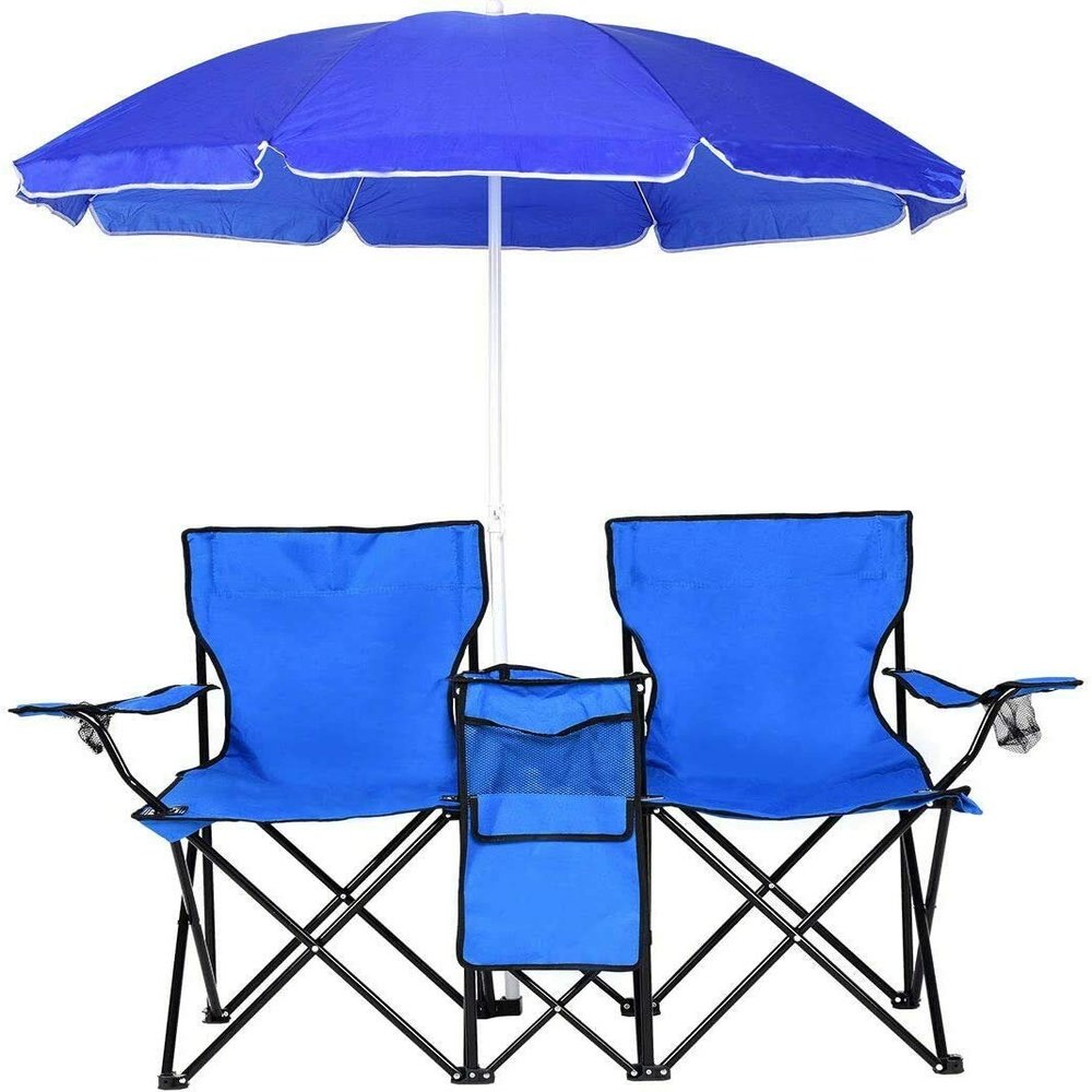 888Warehouse Portable Folding Picnic Double Chair W/Umbrella Table Cooler Beach Camping Chair, Blue - Fishing Travel Outdoor
