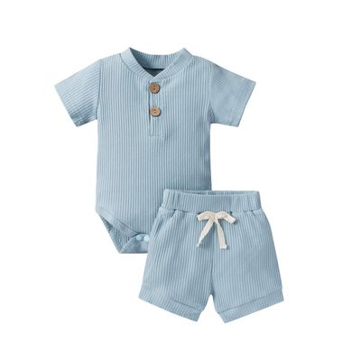 Newborn Baby Boy Girl Summer Clothes Ribbed Sleeveless Bodysuits Rompers Tops+Shorts Pants 2PCS Outfits Set Toddler Clothes (Blue Summer Clothes, 3-6 Months)