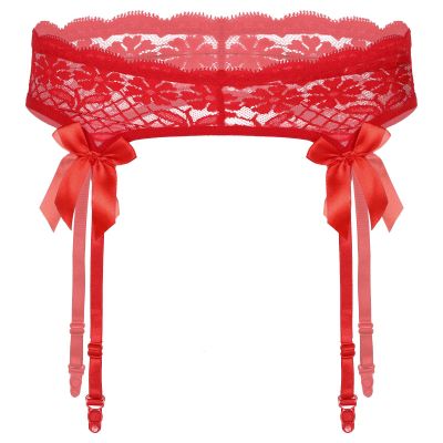 FEESHOW Men See-Through Lace Suspenders Sissy Lingerie Bowknot Thigh-Highs Garter Belt for Stockings Red OneSize