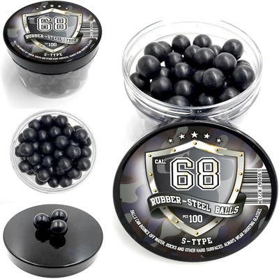 RUBBER-STEEL BALLS 100 pcs S-Type Premium Quality Hard Rubber Steel Balls Paintballs Powerballs 7 gr. Heavy Ammo for Self Home Defense Training Pistols in 68 Caliber