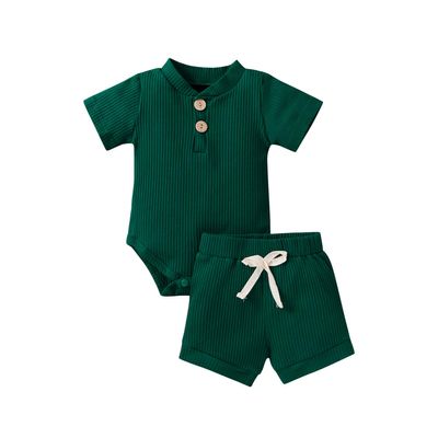 Newborn Baby Boy Girl Summer Clothes Ribbed Sleeveless Bodysuits Rompers Tops+Shorts Pants 2PCS Outfits Set Toddler Clothes (Dark Green Summer Clothes, 12-18 Months)