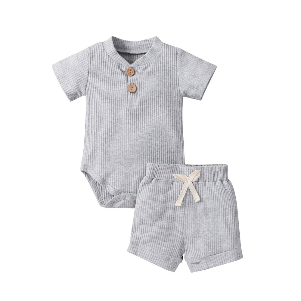 Newborn Baby Boy Girl Summer Clothes Ribbed Sleeveless Bodysuits Rompers Tops+Shorts Pants 2PCS Outfits Set Toddler Clothes (Gray Summer Clothes, 12-18 Months)