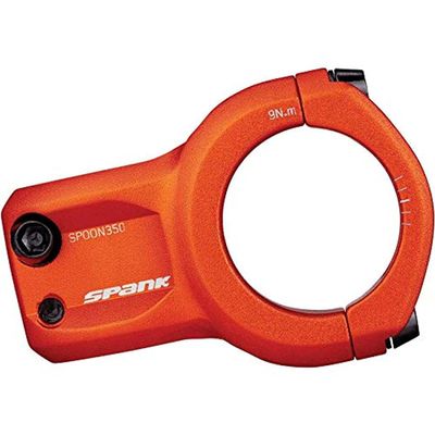 Spank Spoon 318 Stem Orange(Diameter 31.8mm, Length: 33/43mm, Rise: 0), Chamfered bar clamp, Ultra-short stack height, Bicycle Stem, Ideal for All mountain, enduro, trail, free ride, DJ, E-Bike