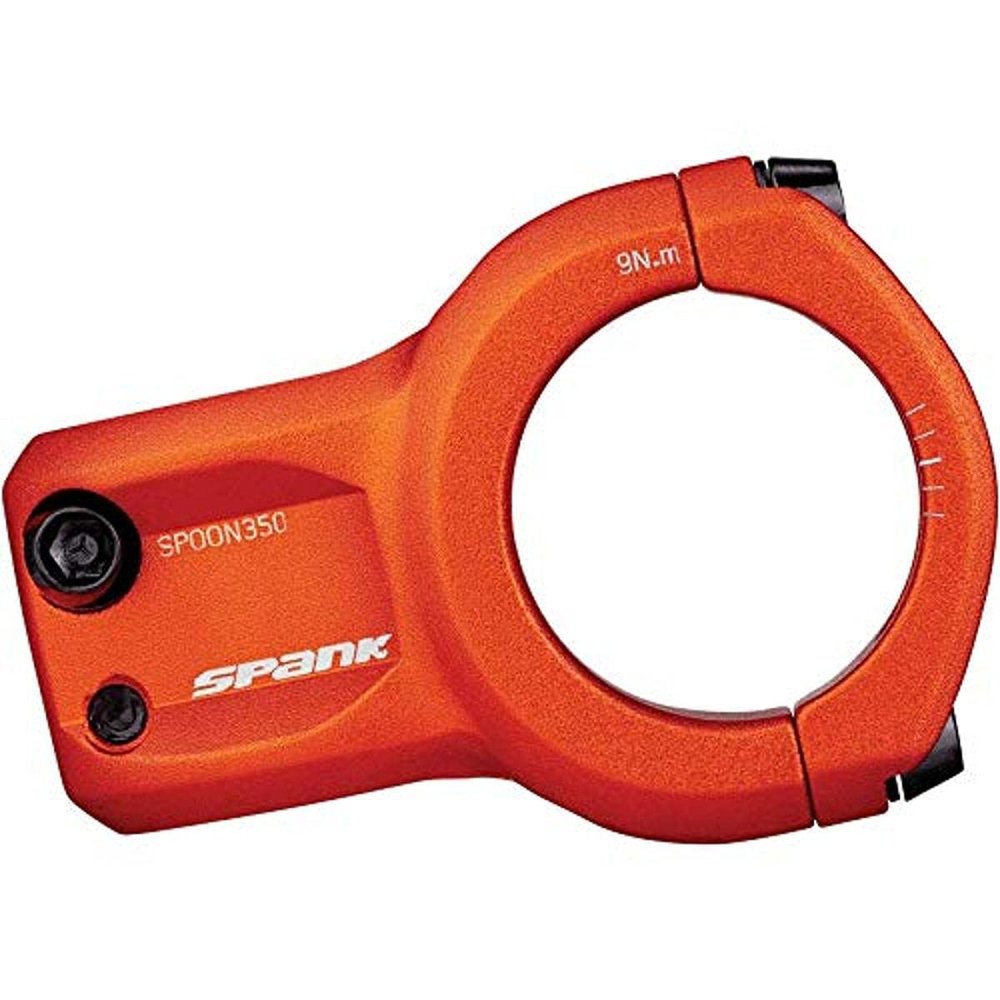 Spank Spoon 318 Stem Orange(Diameter 31.8mm, Length: 33/43mm, Rise: 0), Chamfered bar clamp, Ultra-short stack height, Bicycle Stem, Ideal for All mountain, enduro, trail, free ride, DJ, E-Bike