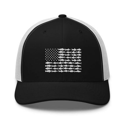 American Fish Flag Saltwater Trucker Hat Ball Cap Snapback Mesh Black