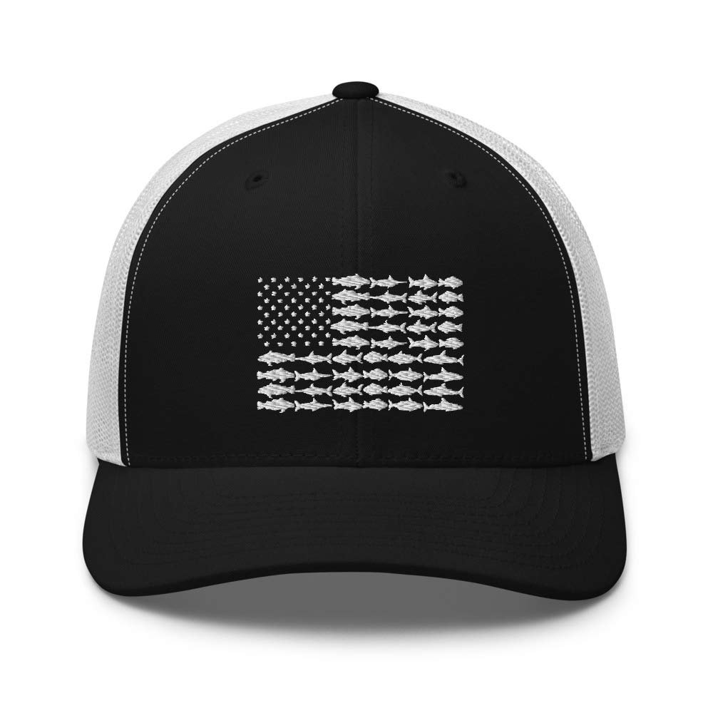 American Fish Flag Saltwater Trucker Hat Ball Cap Snapback Mesh Black
